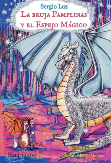 Portada del libro La bruja Pamplinas y el Espejo Mágico, de Sergio Luz, con hilo conductor sobre un espejo mágico