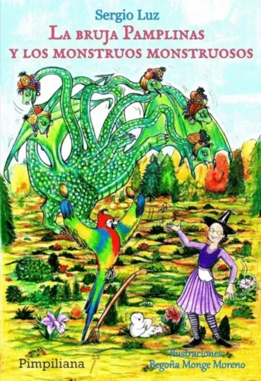 Portada del libro La bruja Pamplinas y los monstruos monstruosos, de Sergio Luz, con hilo conductor sobre monstruos