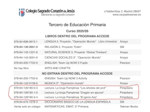 Listado de libros del Colegio Sagrado Corazón de Jesús curso 2025-26