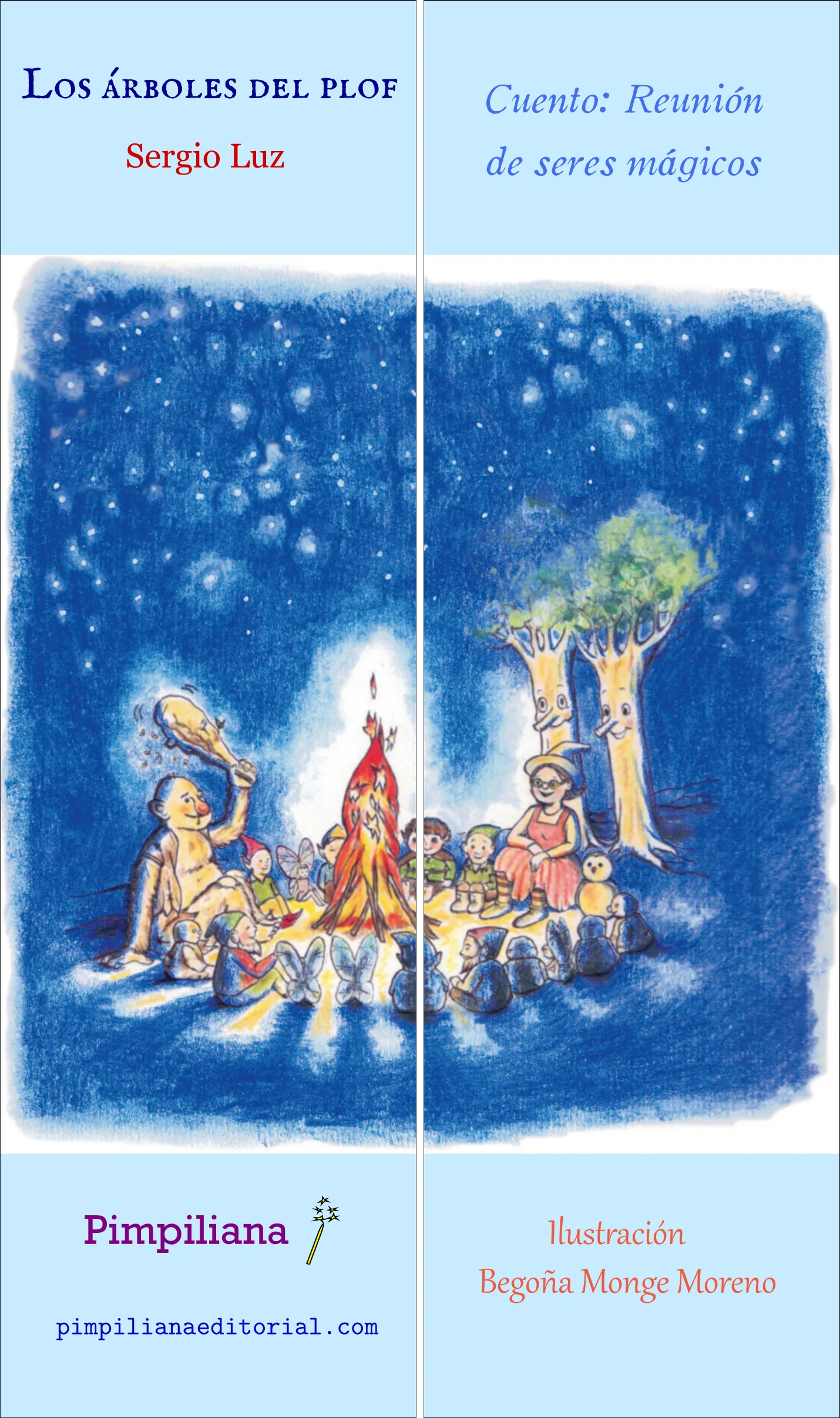 Marcapáginas puzzle de dos piezas: Los árboles del plof 1D2. De noche, con seres fantásticos, troll, bruja, gnomos, duendes, guardianes de los árboles, hoguera.