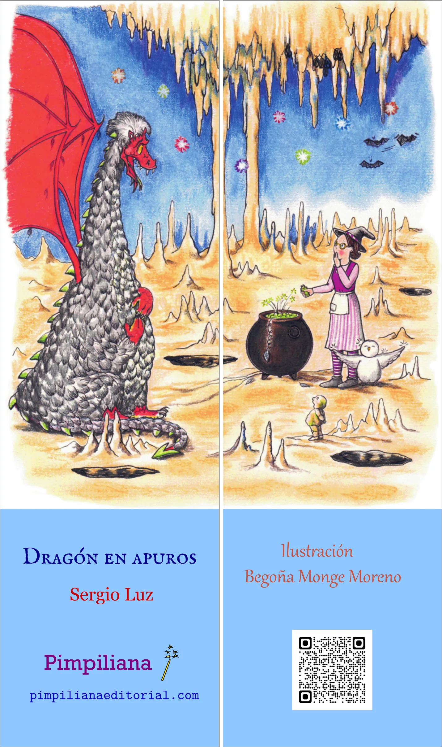 Marcapáginas puzzle de dos piezas: Dragón en apuros 2D2. Bruja, Luf, dragón cubierto de plumas, caldero y pedregoso Krong.