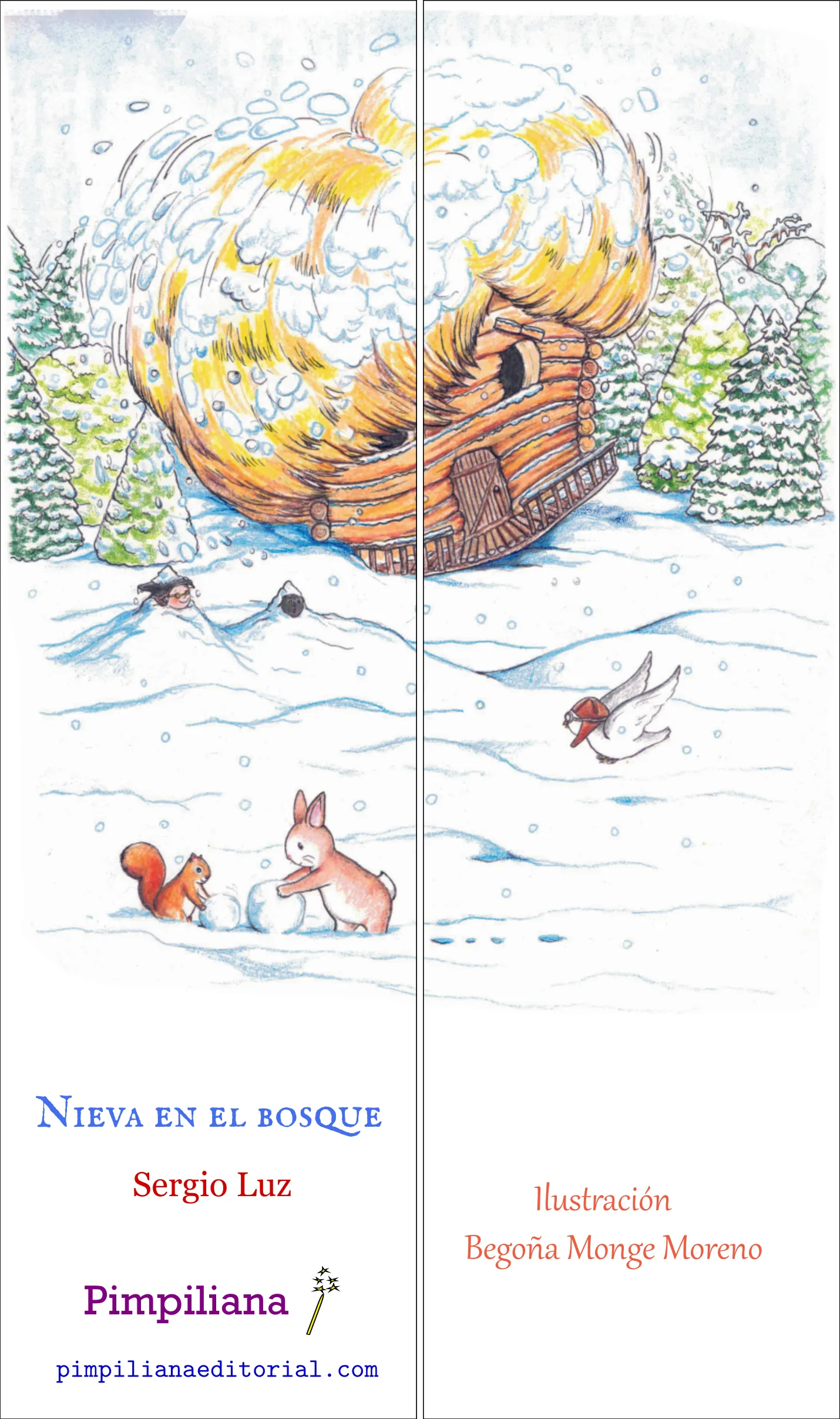 Marcapáginas puzzle de dos piezas: Nieva en el bosque 3D2. Nieve, la casa de la bruja, conejito, lechuza Luf y ardilla.