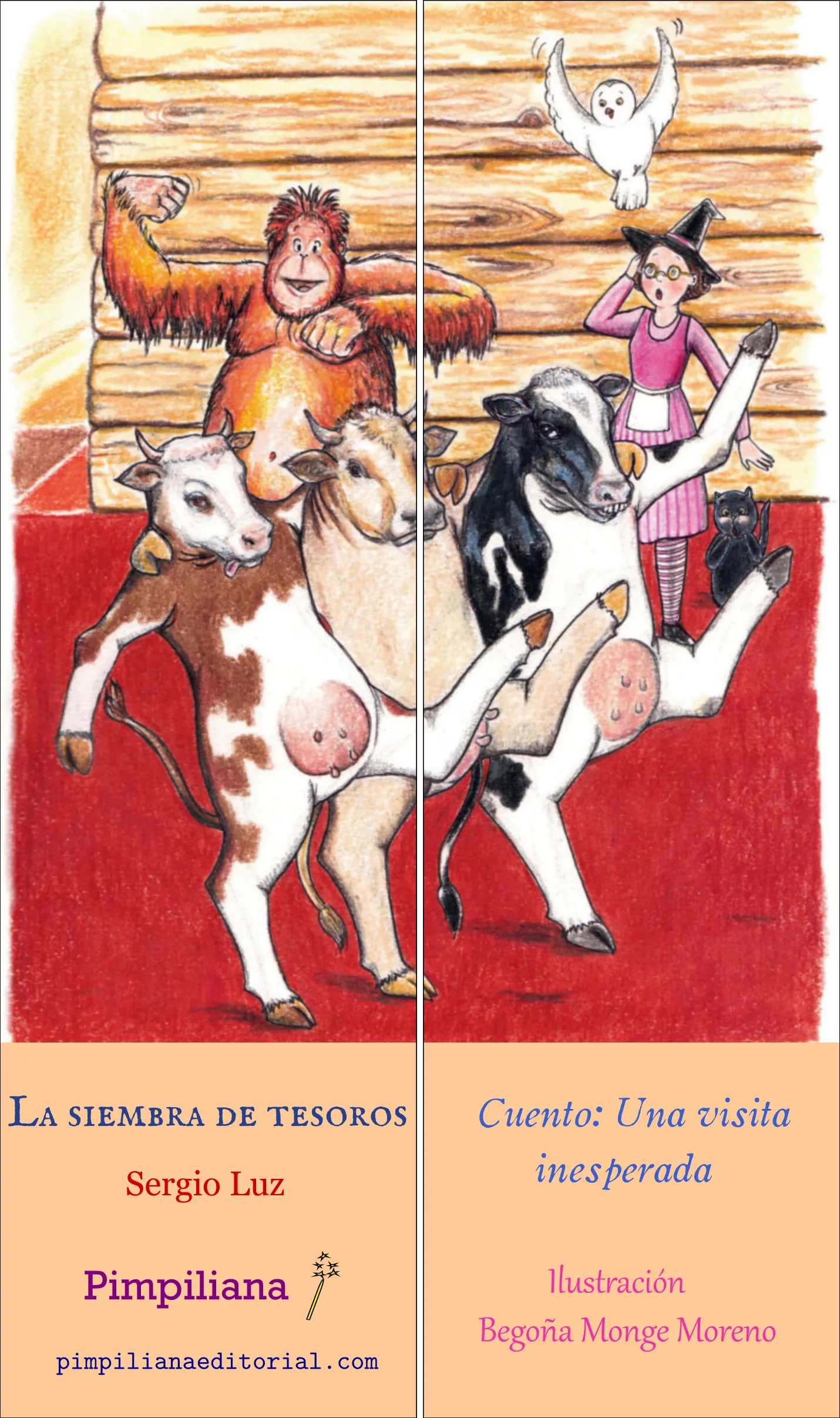 Marcapáginas puzzle de dos piezas: La siembra de tesoros 6D2. Con la bruja, lechuza Luf, el gato Milkifú, un orangután y vacas bailando.