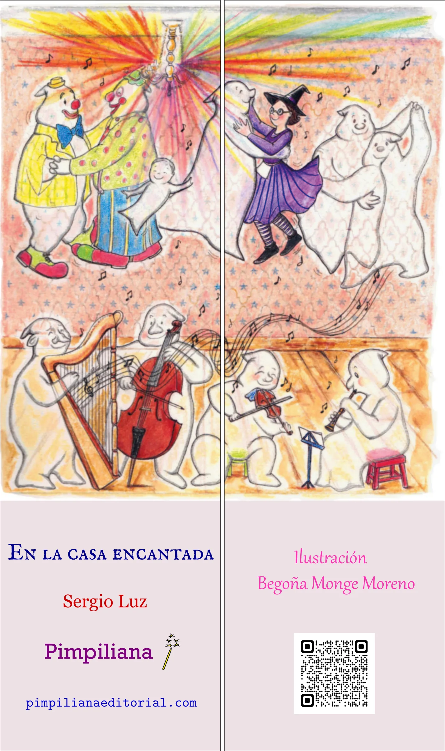 Marcapáginas puzzle de dos piezas: En la casa encantada 7D2. Con la bruja, fantasmas, payasos e instrumentos musicales.
