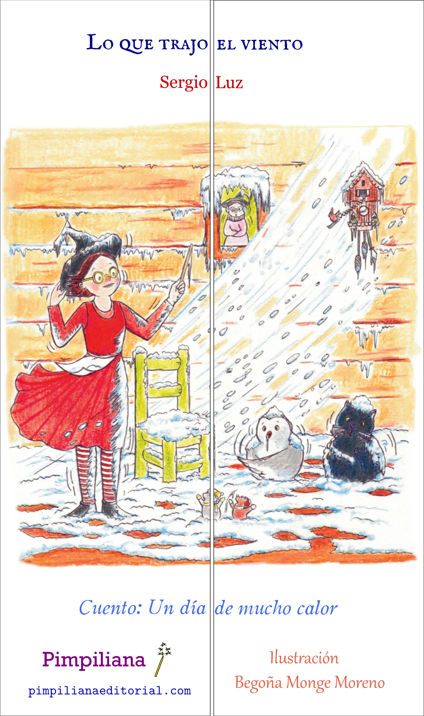 Marcapáginas puzzle de dos piezas: Lo que trajo el viento 14D1. Bruja, Luf, Milkifú, reloj d ecuco y ratoncitos en la casa con una ventisca y nieve dentro