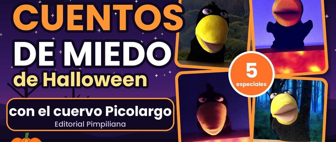 Cuatro fotogramas del cuervo Picolargo con el título «Cuentos de miedo de Halloween con el cuervo Picolargo» y la insignia «5 especiales».