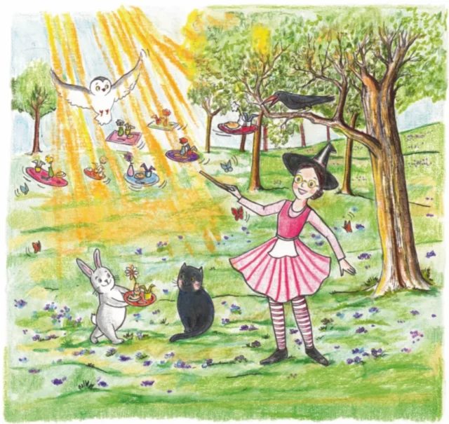 Cuento Panecillos mágicos. La bruja Pamplinas con su varita, Luf, Milkifú, el cuervo Picolargo y el conejo Saltarín. Y las bandejas mágicas.